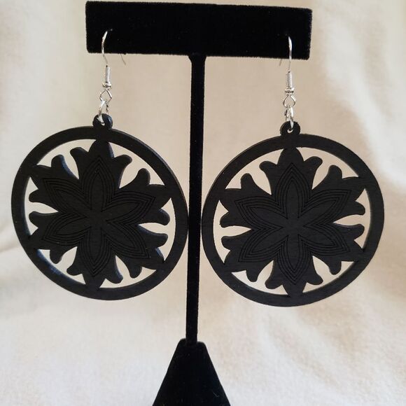 Etched Wood Mandala Cutout Earrings - Picture 2 of 3